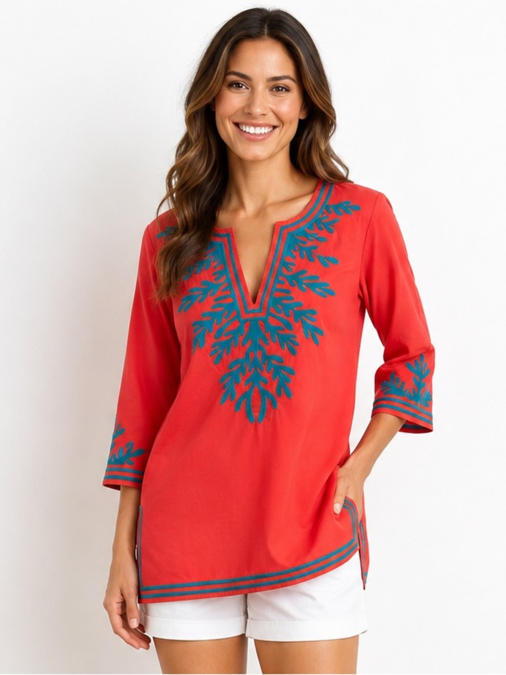 Gretchen Scott Coral Tunic with Teal Embroidery